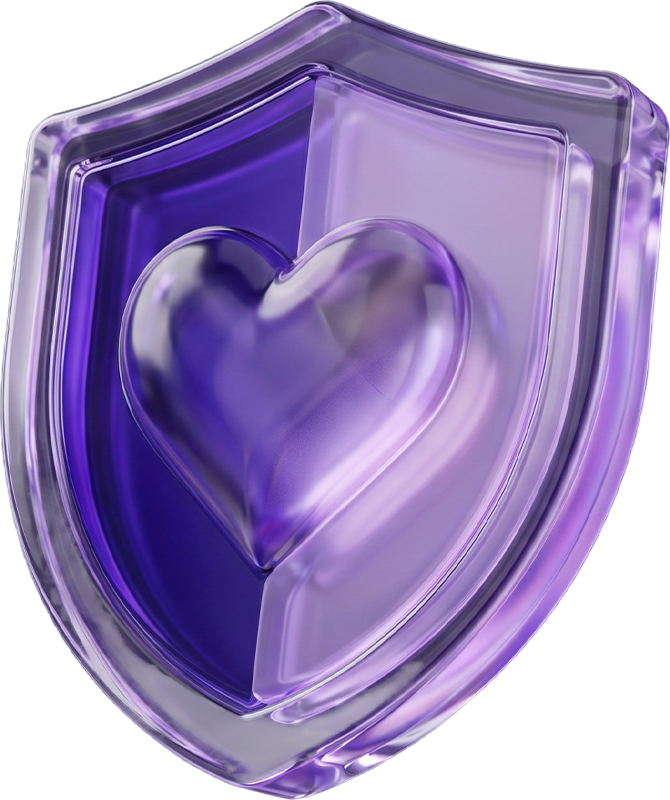 Ilustração 3D de um escudo roxo com um coração ao centro, símbolo dos seguros e proteção