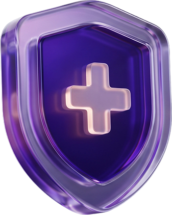 Ilustração 3D de um escudo de vidro roxo com cruz médica, símbolo de proteção dos planos de saúde